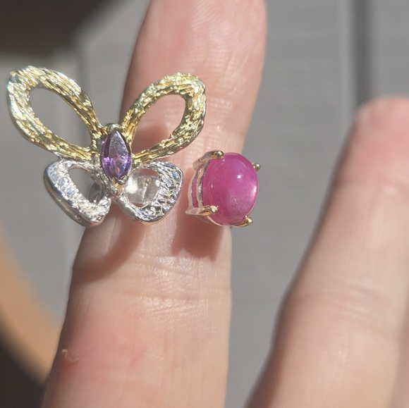 Star Ruby 3k & Amethyst butterfly sterling & gold ring sz7 adjustable open - Picture 3 of 10